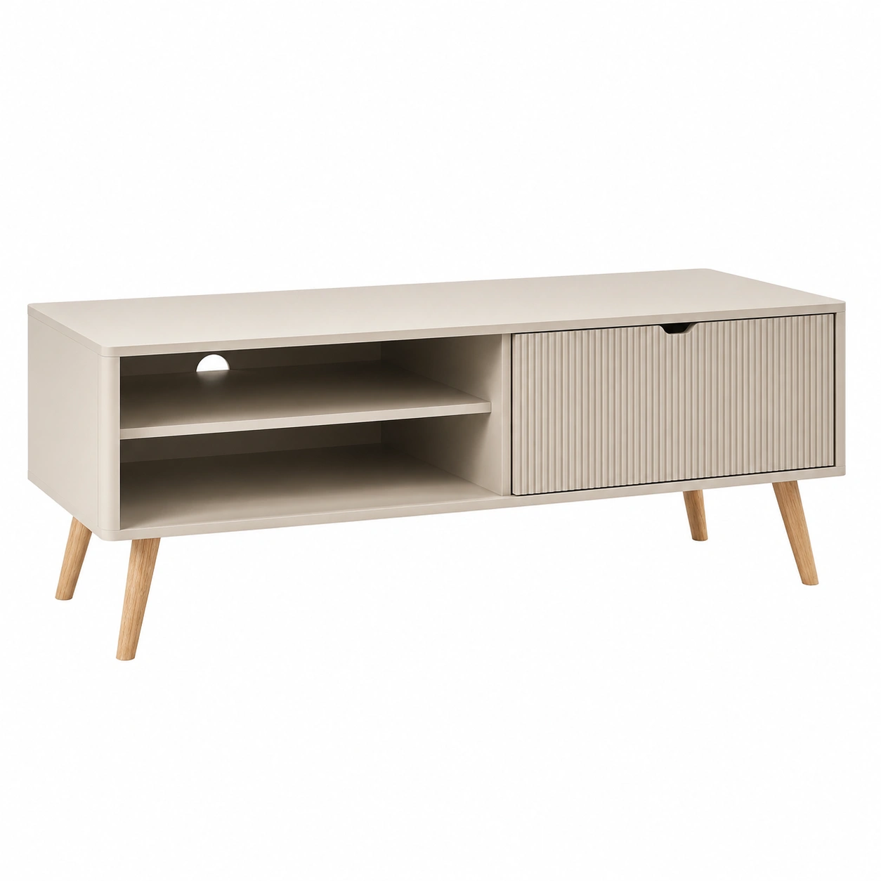 Mesa TV nordica minimalista con puerta texturizada y estantes abiertos Beige arena-homavio