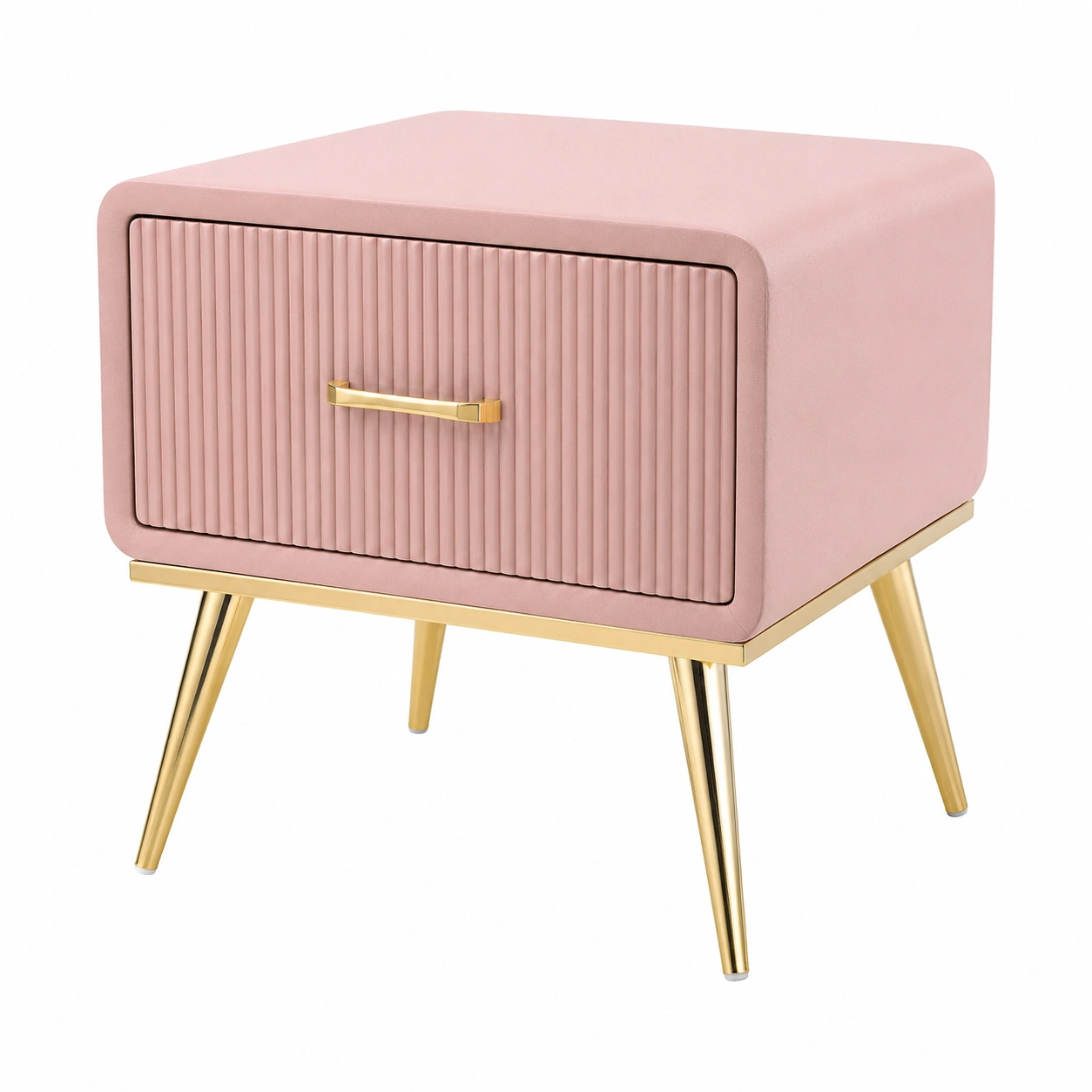 Mesita de noche moderna rosa palo con cajon texturizado y patas doradas-homavio