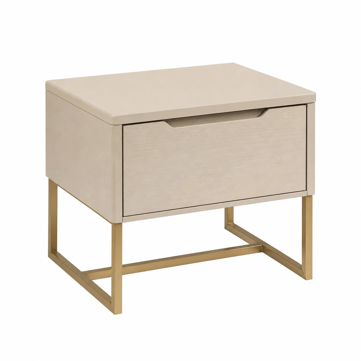 Mesita de noche moderna minimalista con cajon y base metalica dorada beige-homavio