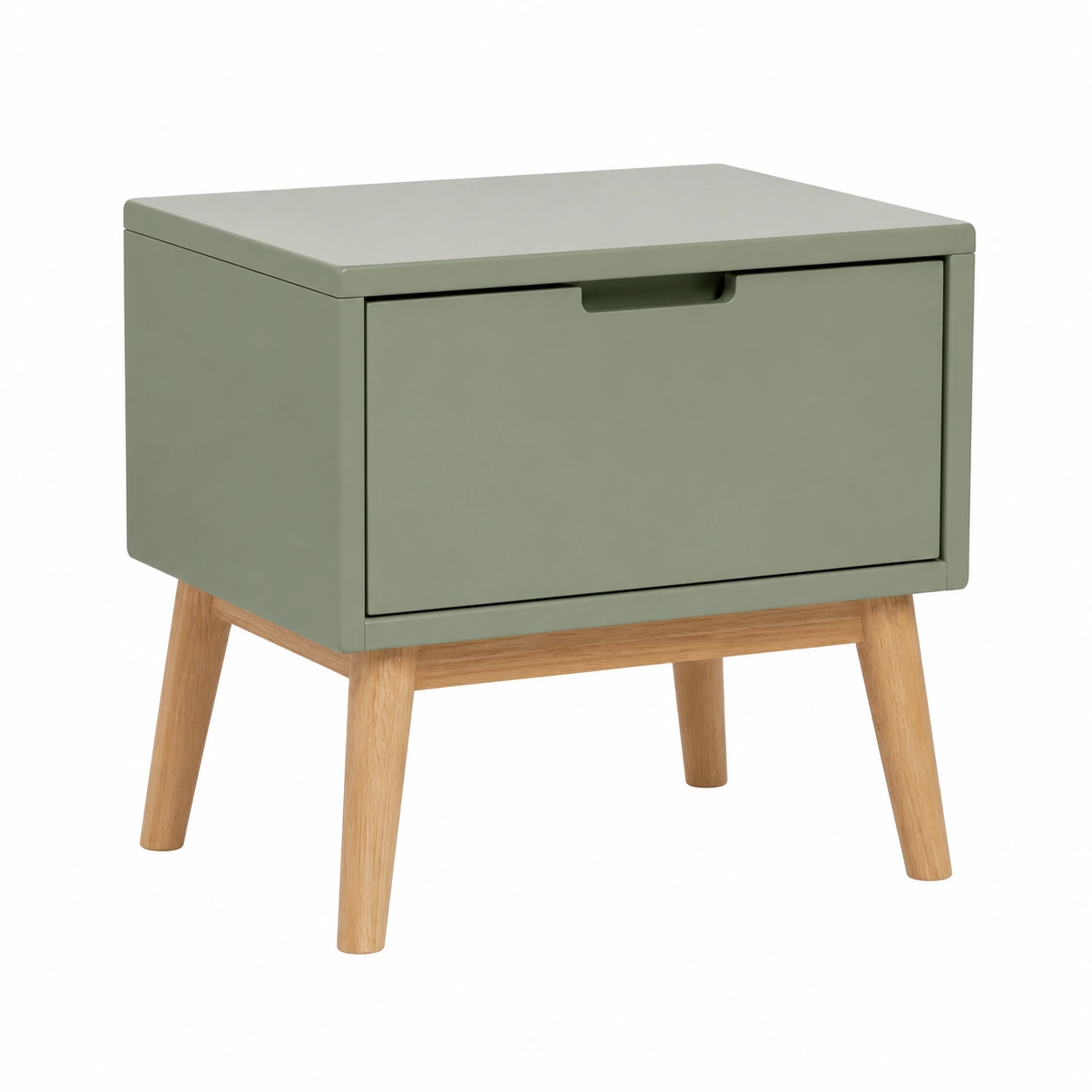 Mesita de noche nordica compacta con cajon y patas de madera natural Verde salvia-homavio