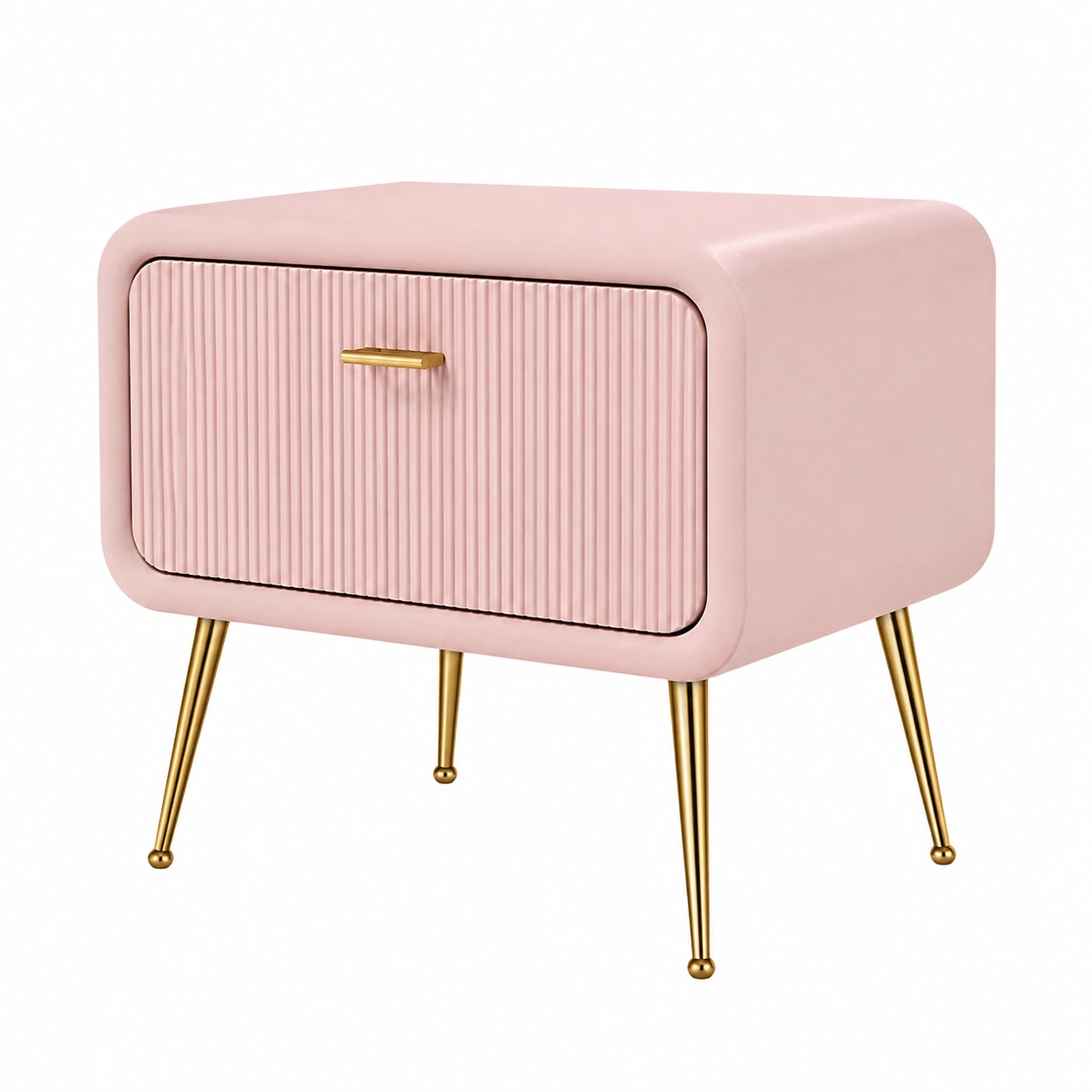 Mesita de noche nordica rosa pastel con cajon texturizado y patas doradas-homavio