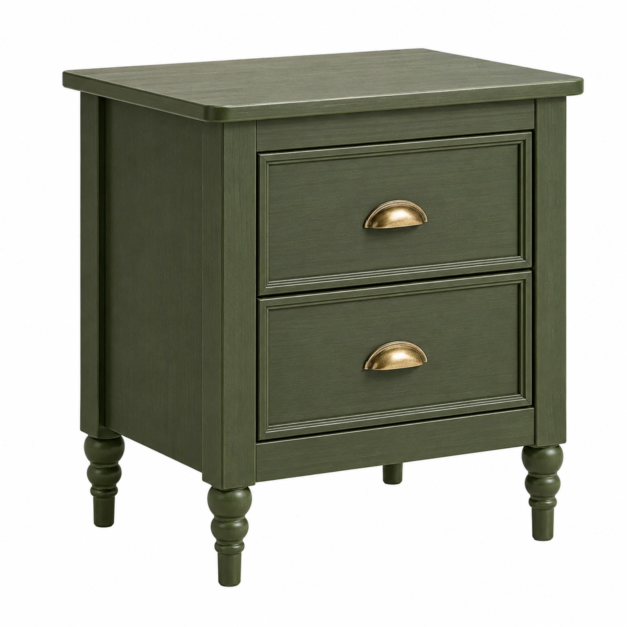 Mesita de noche clasica de 2 cajones en madera verde oliva con tiradores metalicos estilo vintage-homavio