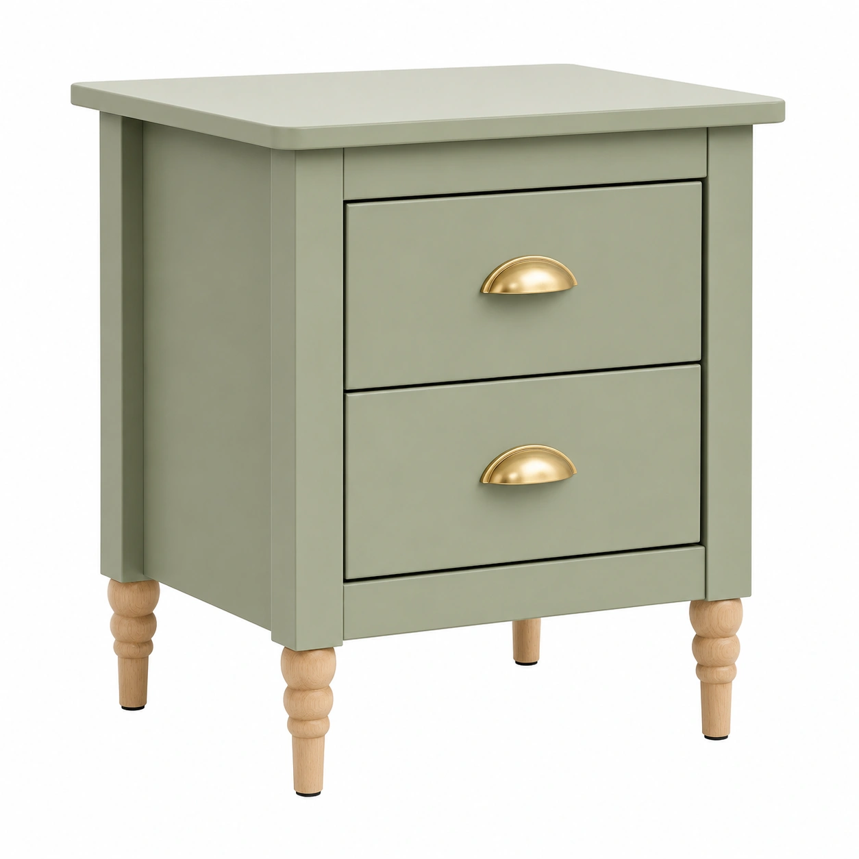 Mesita de noche nordica de 2 cajones con patas de madera y tiradores dorados Verde salvia-homavio