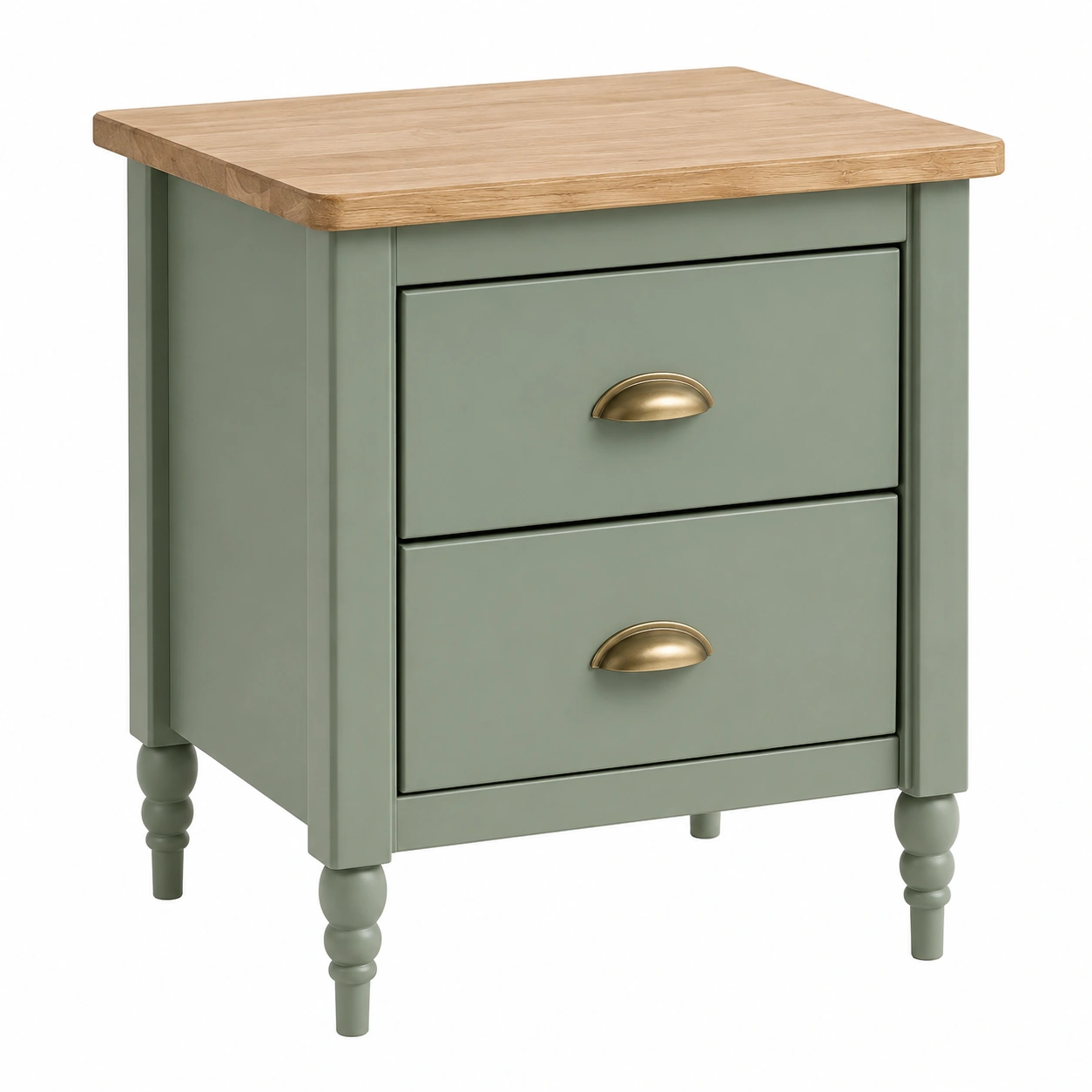 Mesita de noche vintage de 2 cajones en madera natural y verde salvia para dormitorio moderno-homavio