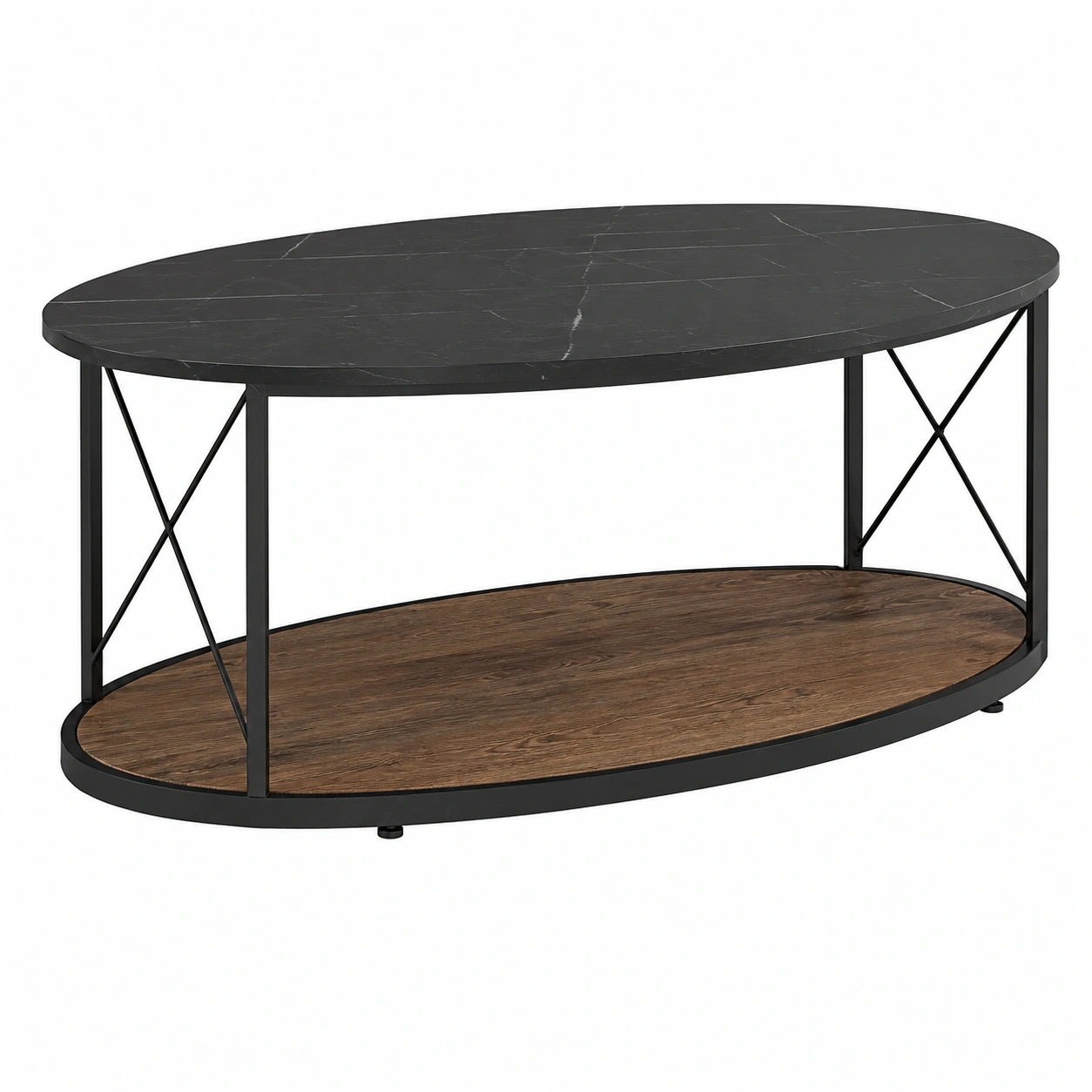 Mesa de Centro Ovalada Estilo Industrial Marmol Negro y Madera Nogal-homavio