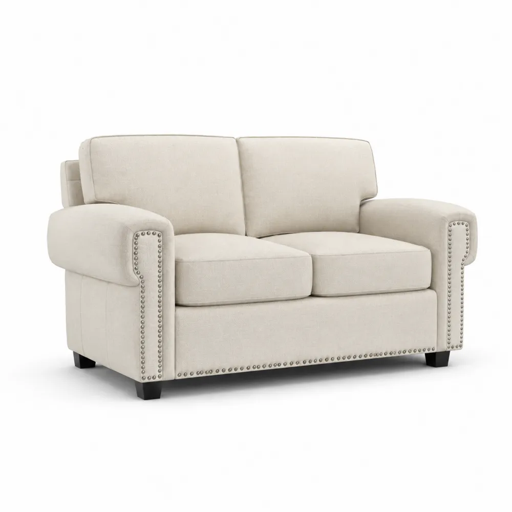 Beżowa sofa dwuosobowa z podłokietnikami