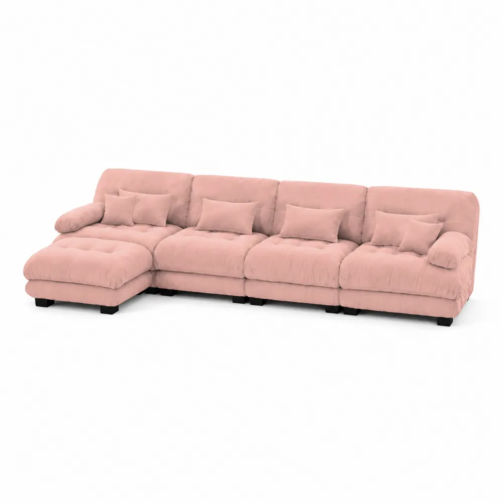 Narożna sofa 4-osobowa z poduszkami, różowa