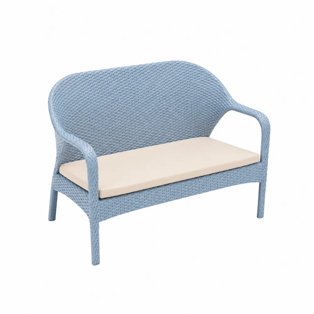 Dwuosobowa sofa z technorattanu, niebieska, z beżową poduszką