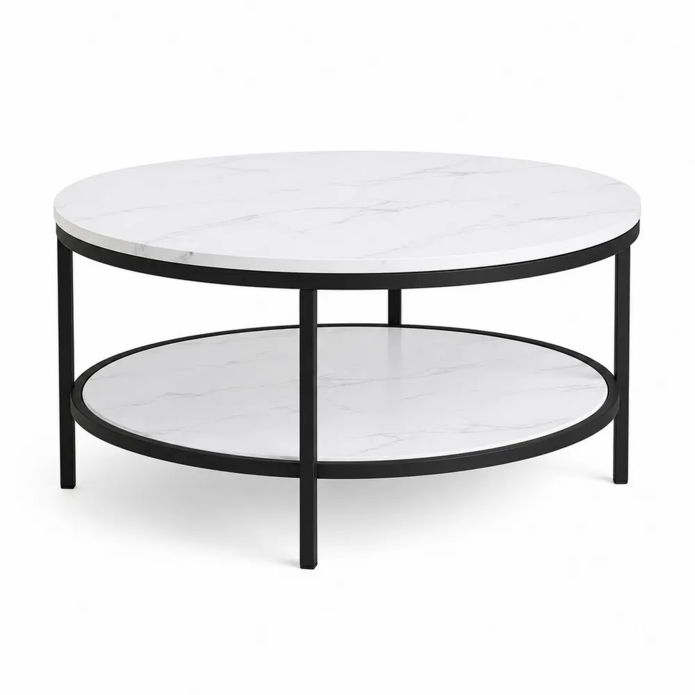 Okrągły Stolik Kawowy z Marmurowym Blatem i Metalową Ramą 90 cm