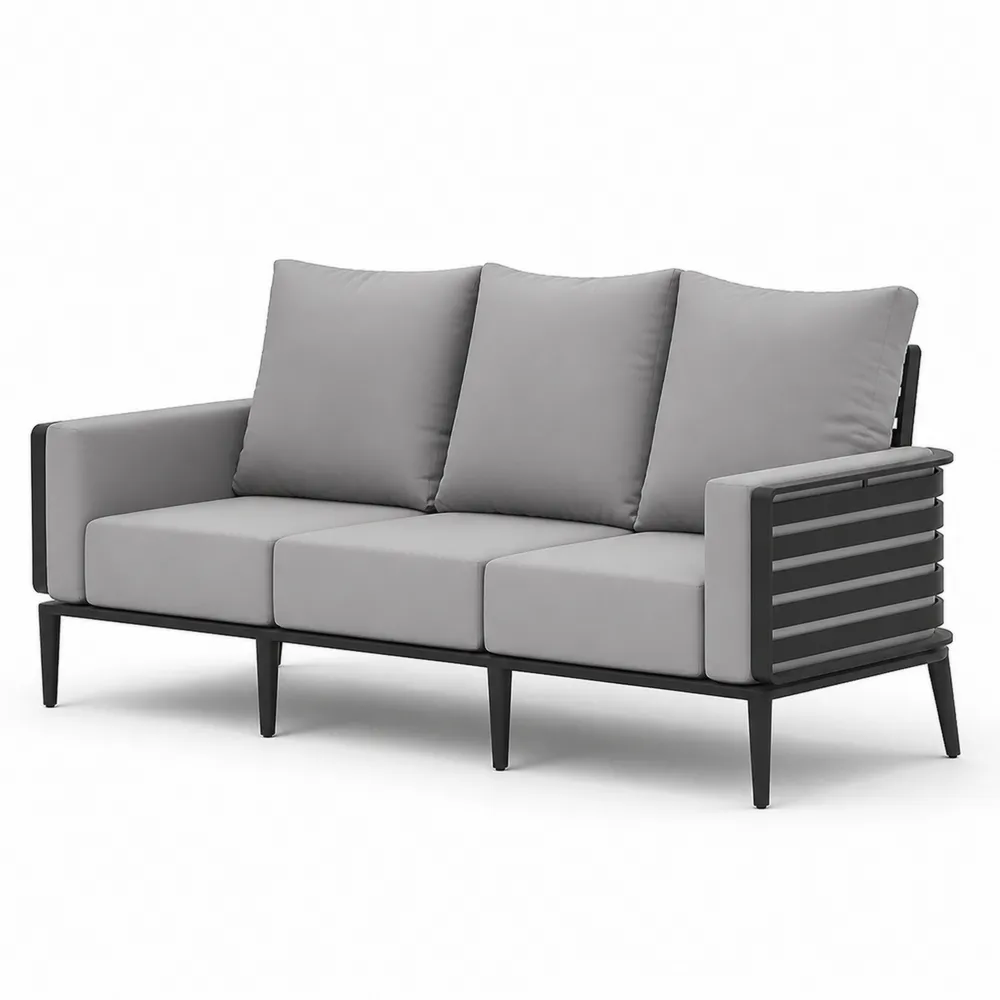 Sofa 3-osobowa z metalowym stelażem i szarą tkaniną