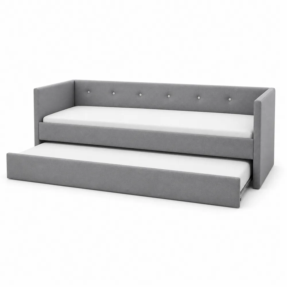 Szara sofa dzienna z wysuwaną powierzchnią do spania, drewno, 200 cm x 90 cm