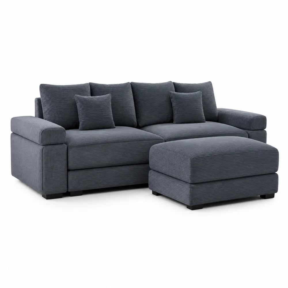 Szara sofa modułowa z pufą i poduszkami