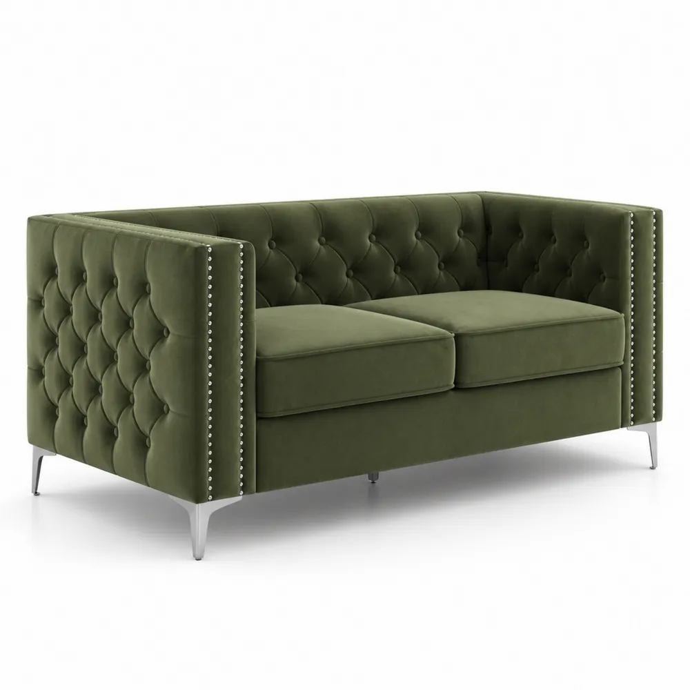 Sofa welurowa o długości 140 cm z zielonego materiału i stalowymi nogami