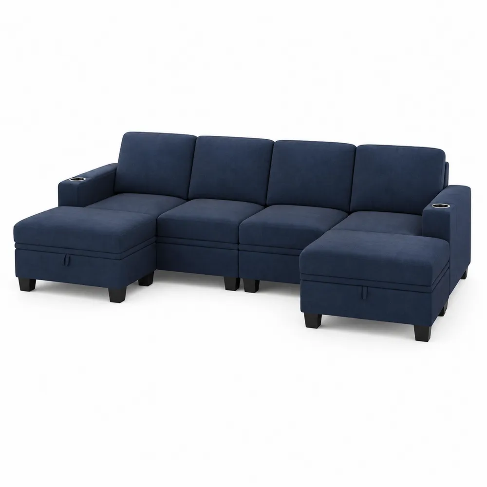 Sofa Narożna Modułowa z Funkcją Rozkładania i Schowkiem, Granatowy