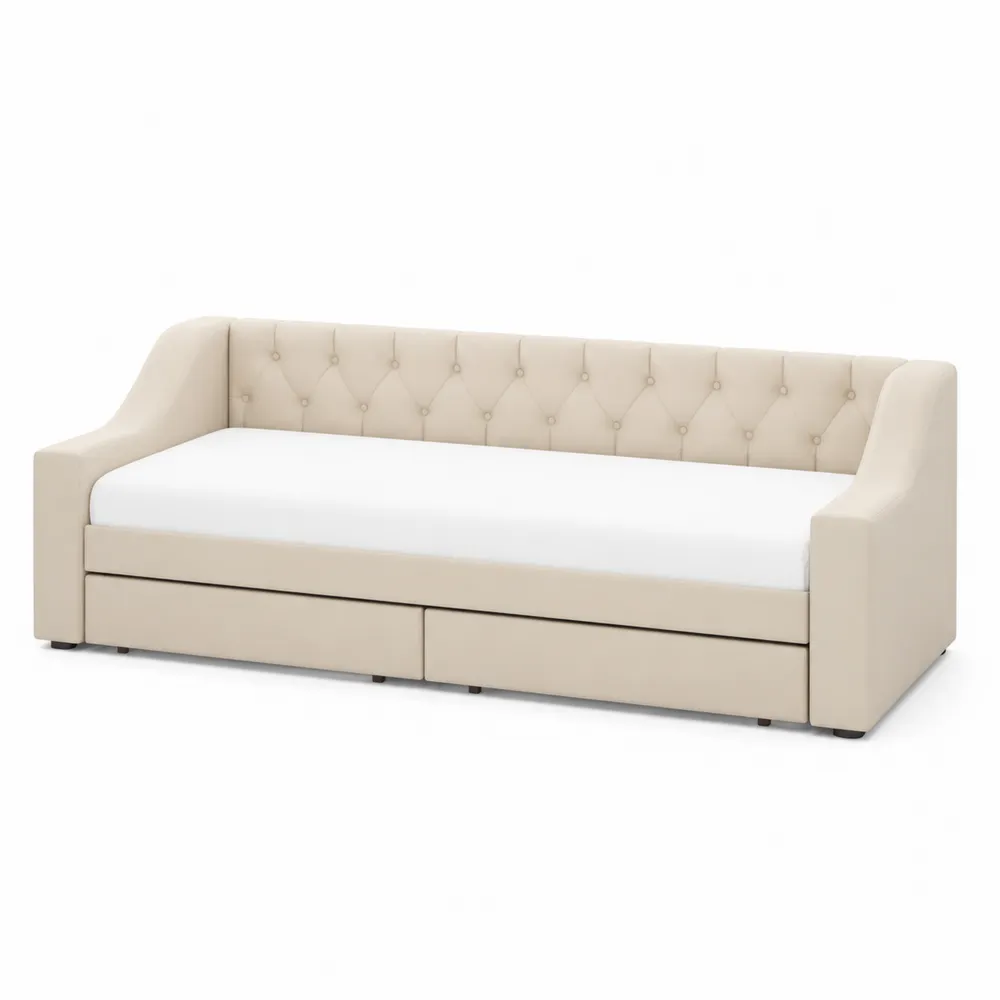 Łóżko dzienne z szufladami 200x90 cm skórzane beżowe