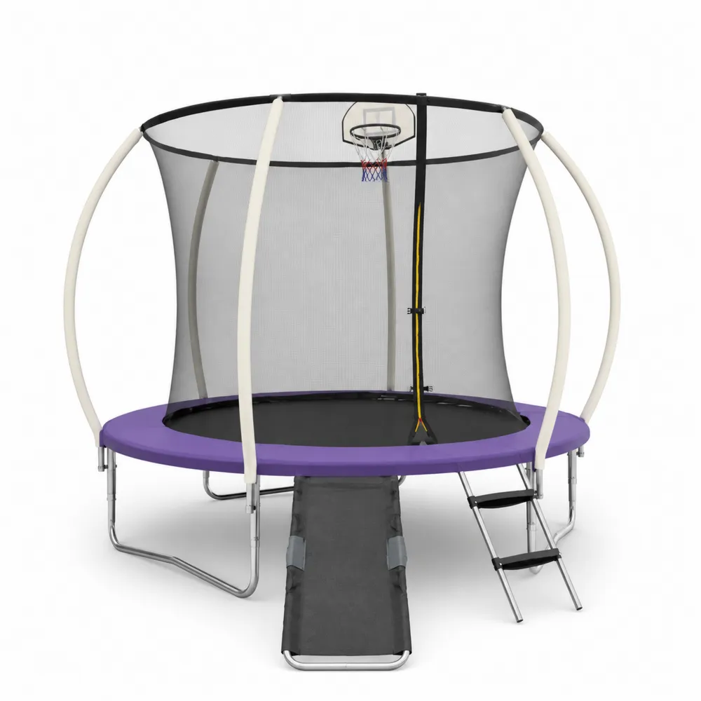 Fioletowa trampolina z siatką i koszem do gry 305 cm