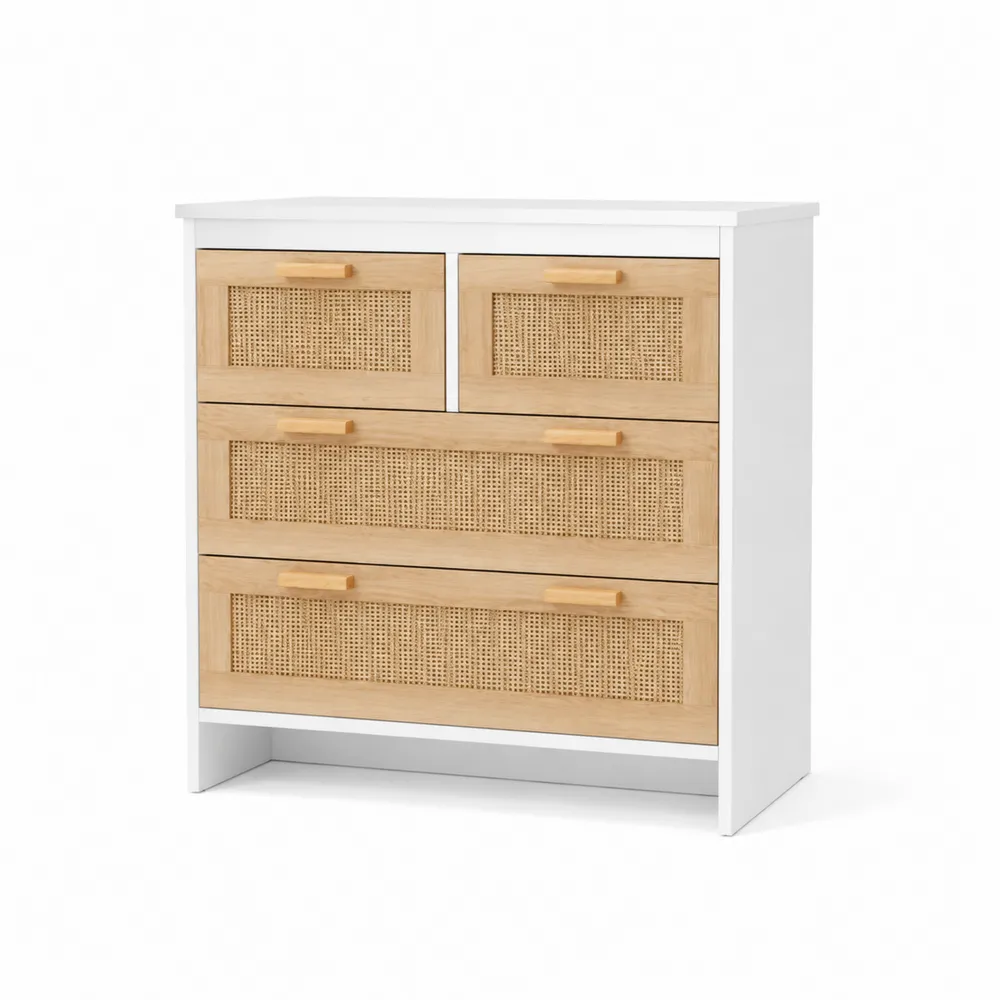 Kommode mit 4 Schubladen aus MDF und Rattangeflecht Weiß/Natur-novarvencio