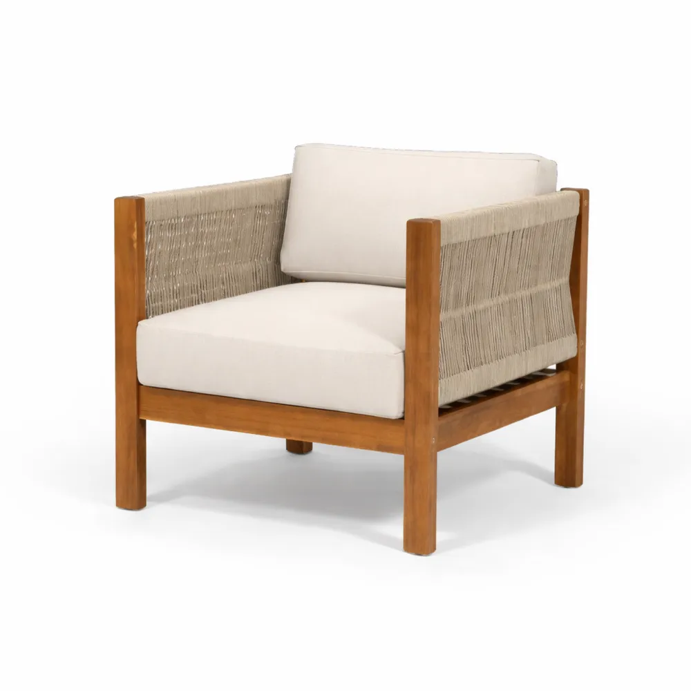Akazienholz Sessel mit Seilgewebe und Polster Beige-novarvencio