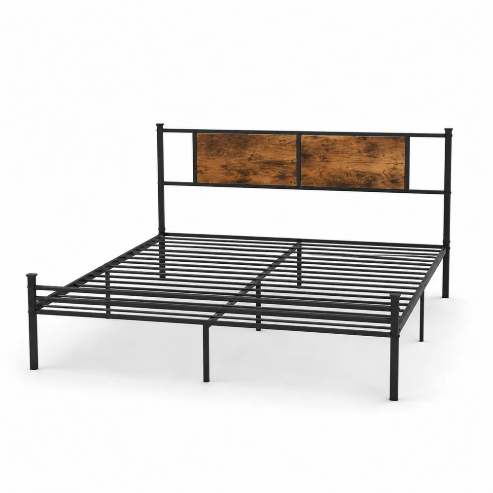 Metallbettgestell mit Holzfurnier-Kopfteil, Schwarz/Natur, 200x160 cm-novarvencio