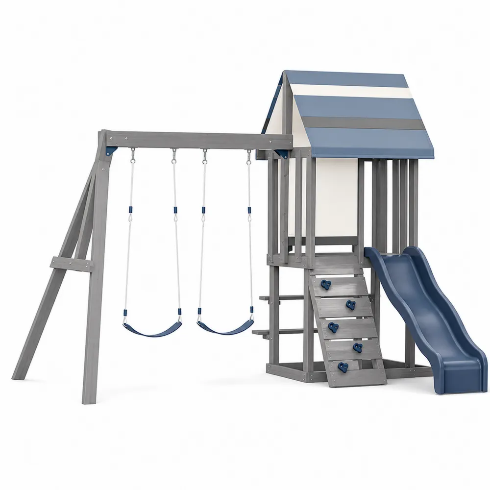 Kinderschaukelset mit Rutsche und Kletterwand Holz/Polyethylen Blau/Grau-novarvencio