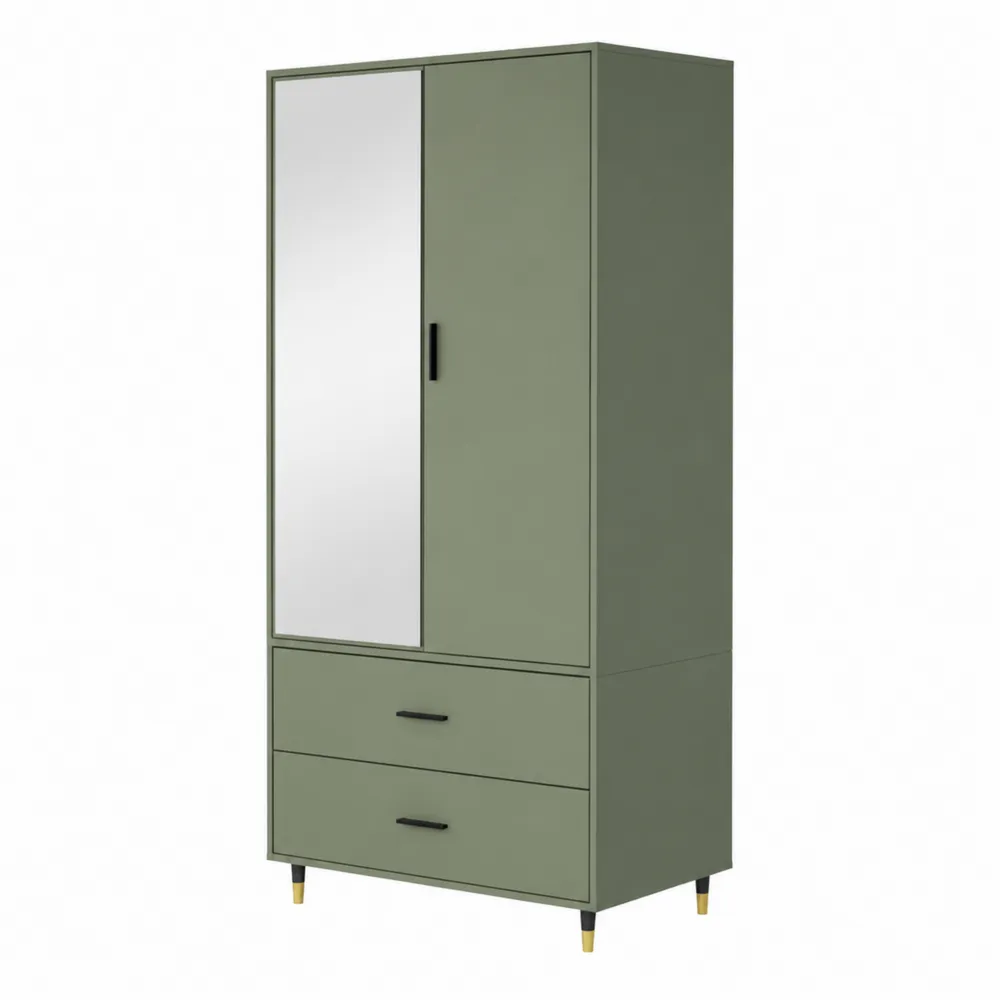 Grüner Kleiderschrank mit Spiegel, 2-türig, 2 Schubladen, Metall und Glas-novarvencio