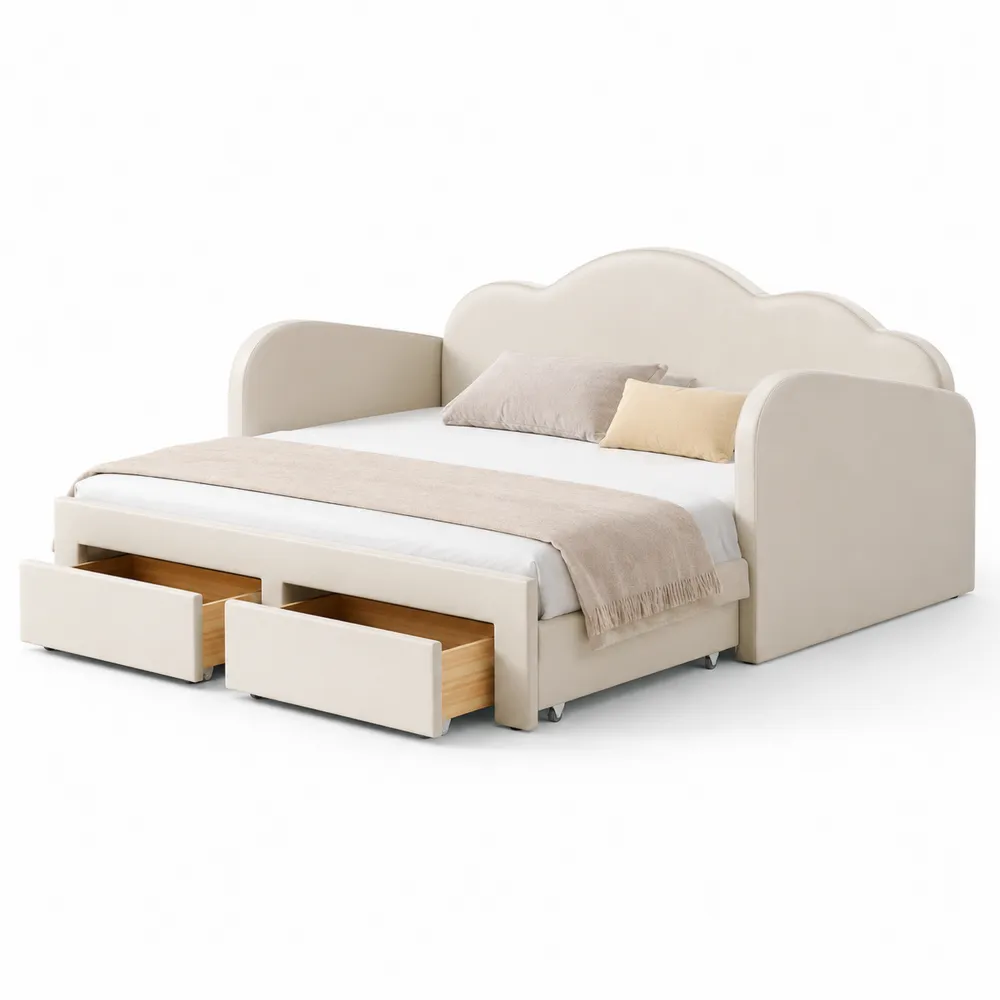 Polsterbett mit geschwungenem Kopfteil und Schubladen 200x140 cm Mikrofaser Beige-novarvencio