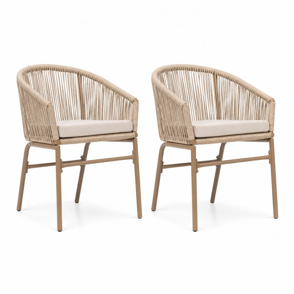 2er-Set Garten-Esszimmerstühle mit Metallrahmen und Seil in Beige-novarvencio