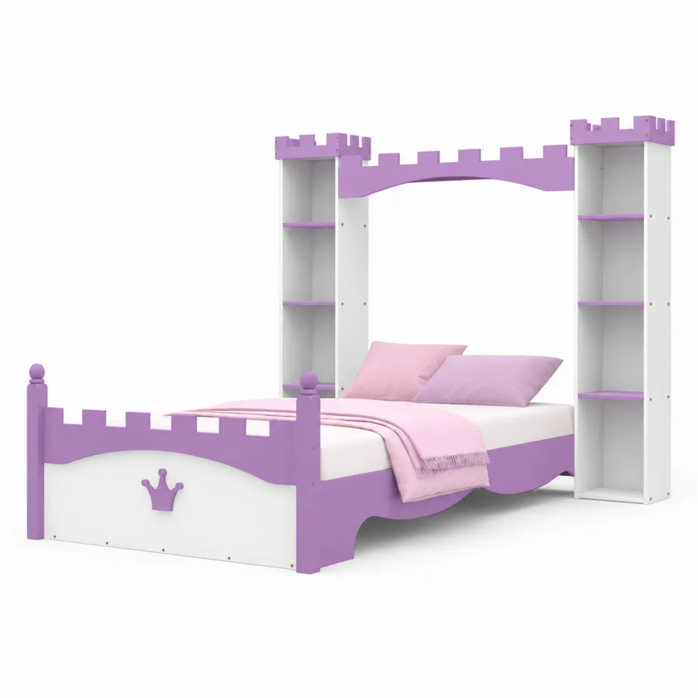 Kinderbett Schloss-Design MDF Weiß/Violett mit Regalen-novarvencio