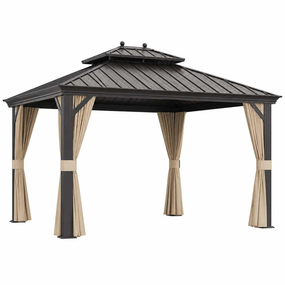 Pavillon aus Aluminium mit Stahl Dach und Polyester Vorhängen 360x300 cm Schwarz/Beige-novarvencio