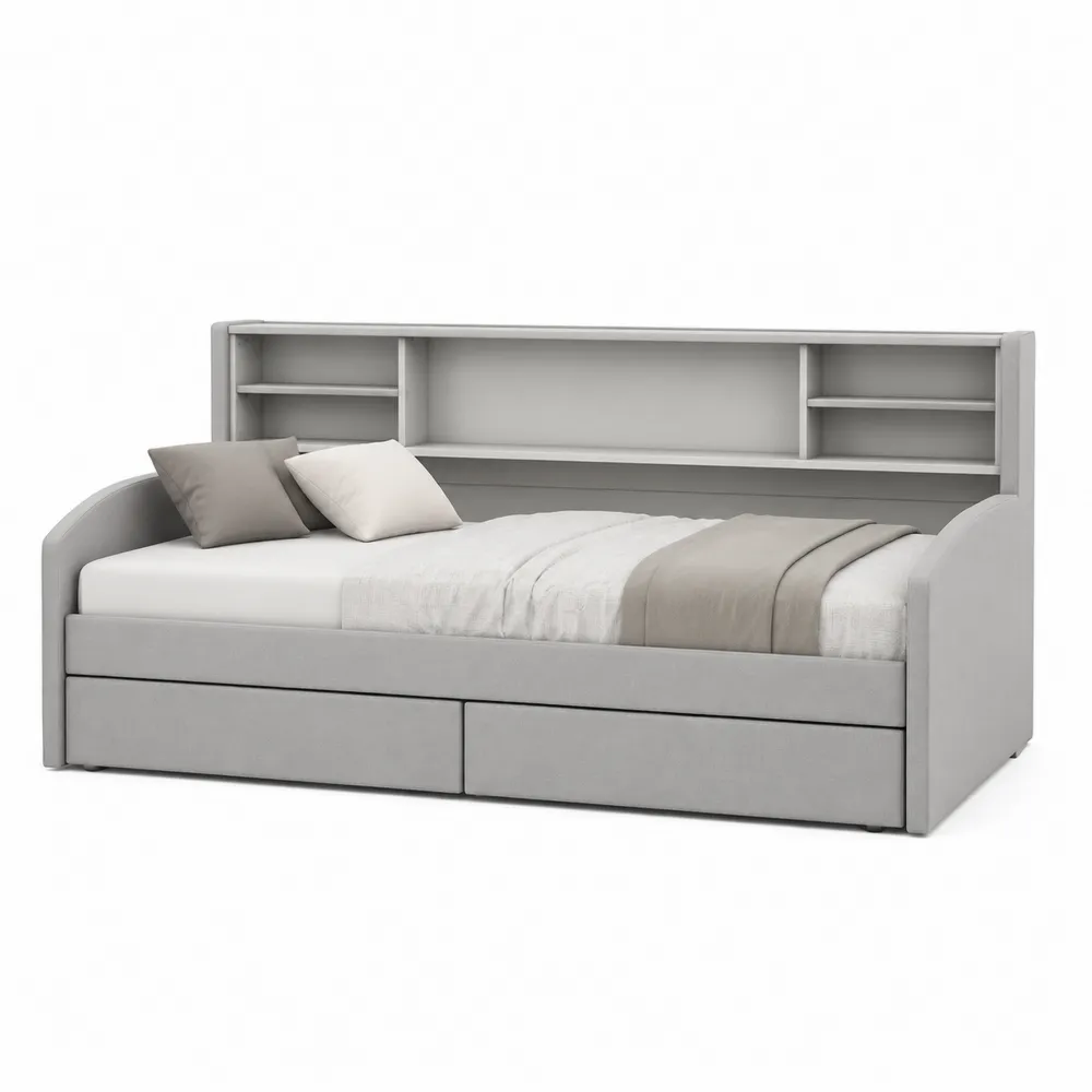 Tagesbett mit Regal und Schubladen aus Holz und Stoff Grau 200x90x75 cm-novarvencio