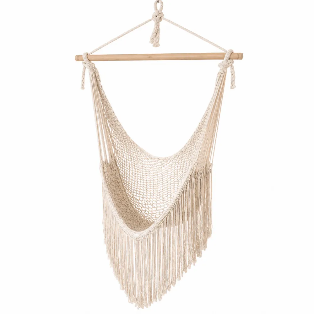 Makramee Hängesessel Baumwolle Beige mit Holzstab-novarvencio