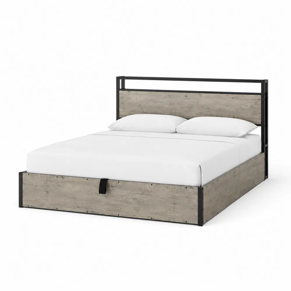 Holzoptik Doppelbett mit Metallrahmen und Stauraum Grau-novarvencio