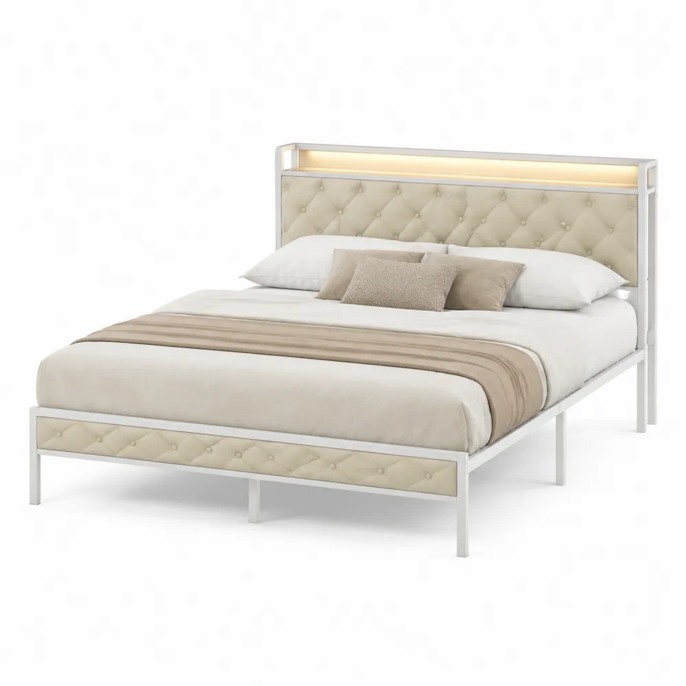 Doppelbett mit LED-Leiste aus Metall Beige 200x160 cm-novarvencio