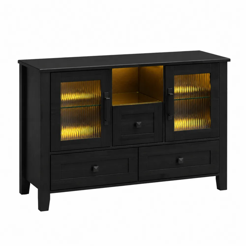 Schwarzer Schrank mit gerippten Glasfronten und LED-Beleuchtung-novarvencio