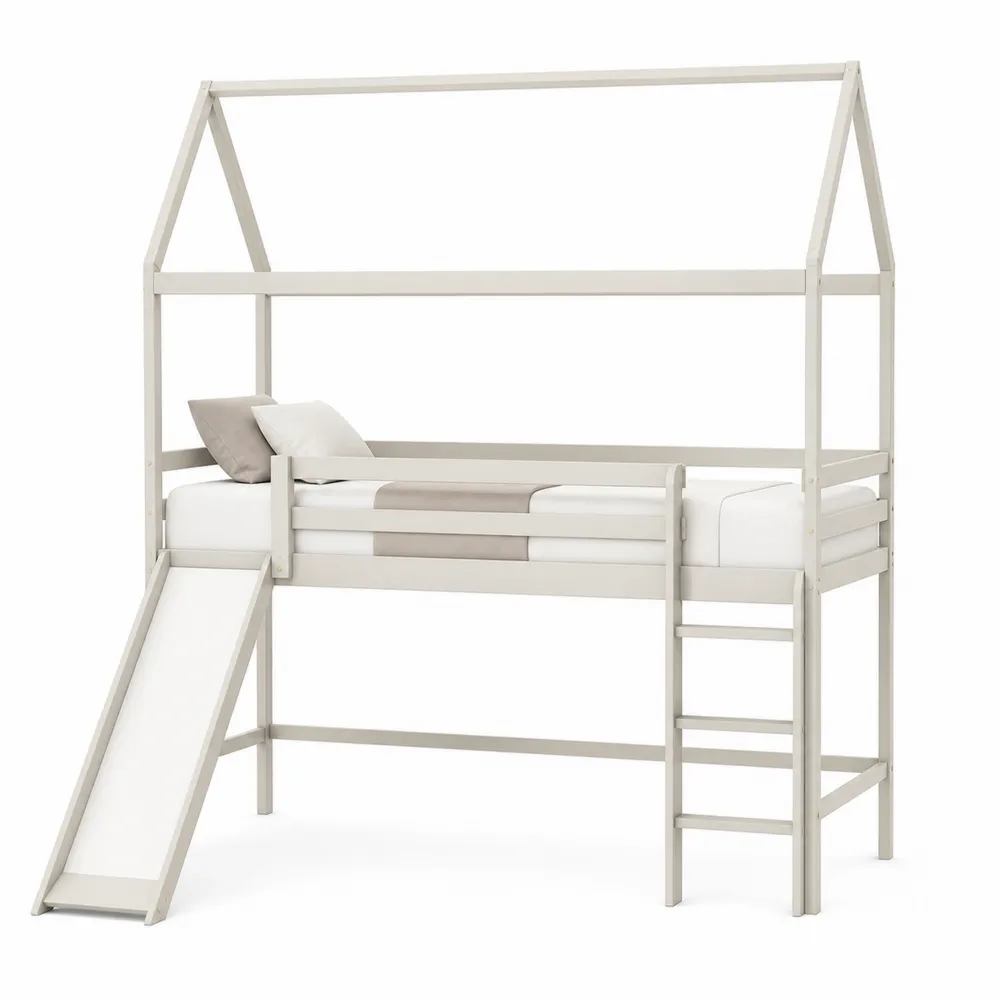 Hochbett aus Kiefernholz mit Rutsche und Leiter, Weiß-novarvencio