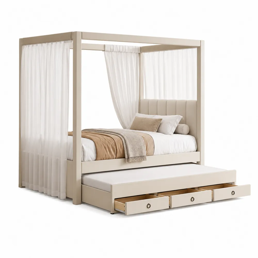 Baldachinbett aus Massivholz mit Schubladen und Ausziehbett Beige-novarvencio