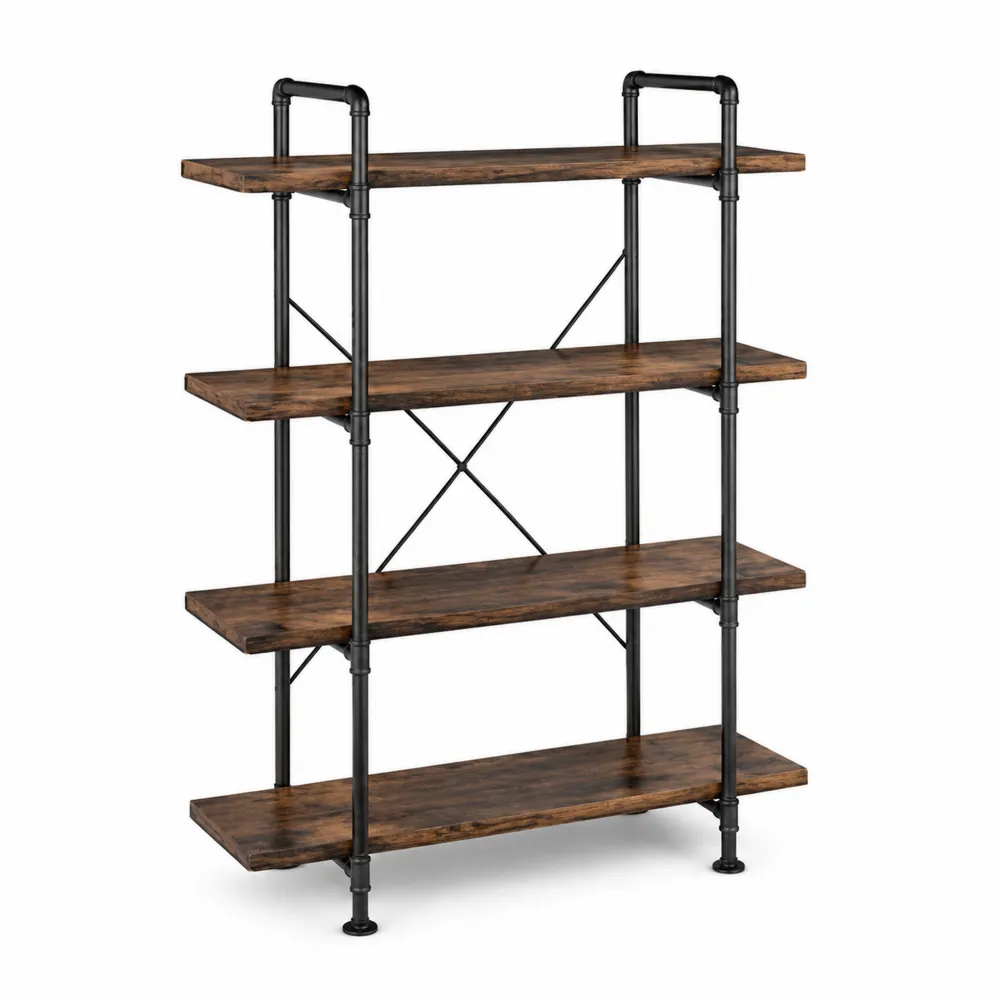 Industrielles Bücherregal mit Holz- und Metallrahmen in Braun-Schwarz, 4 Ebenen, 120 cm hoch-novarvencio