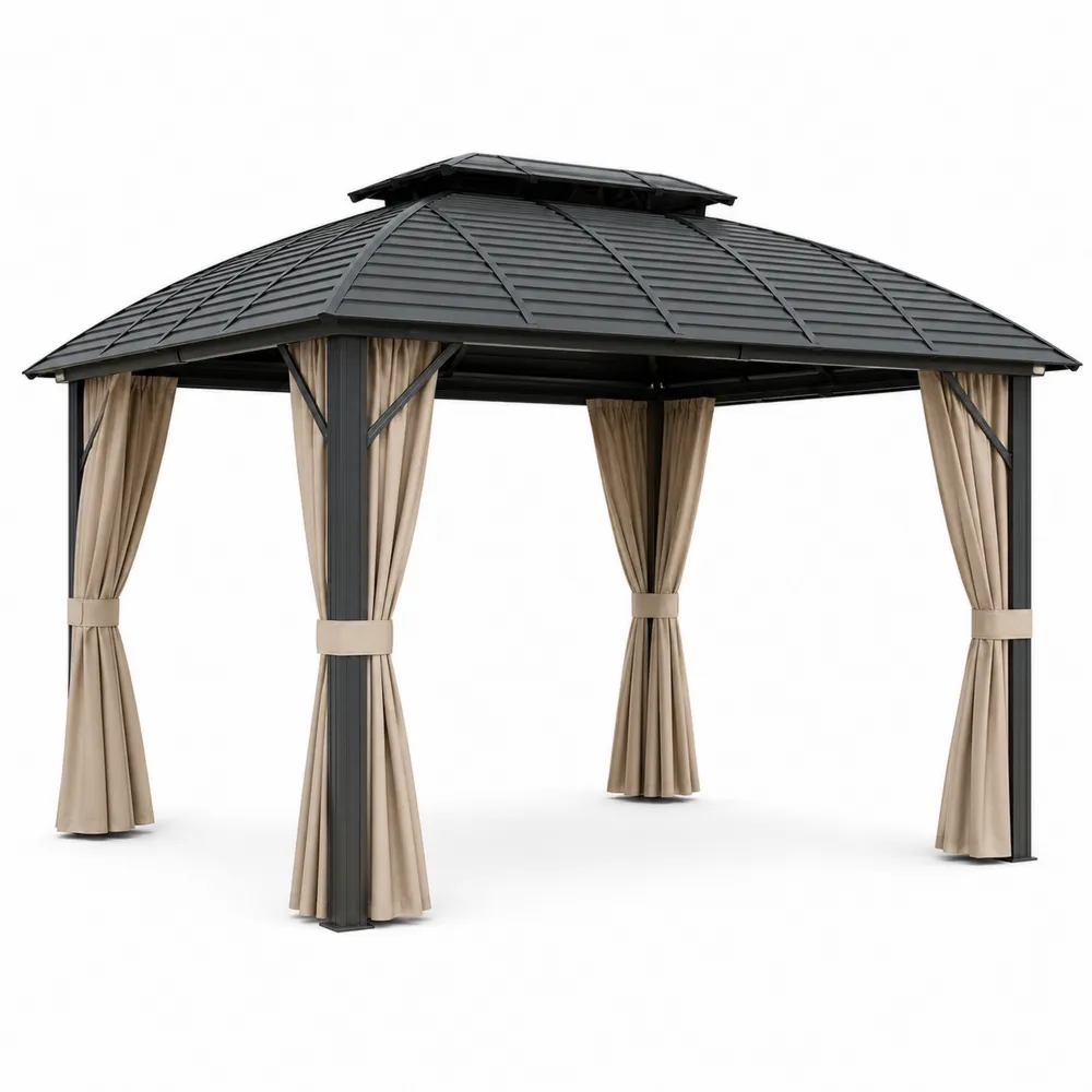 Metall-Pavillon mit Aluminiumdach und Polyester-Vorhängen 3x4m Beige-novarvencio