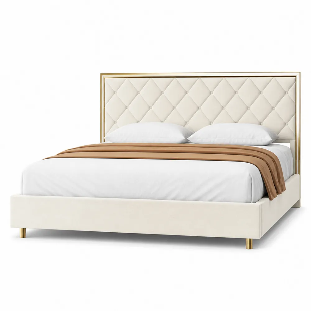 Bett 200x200 cm Kunstleder Beige Metallrahmen-novarvencio
