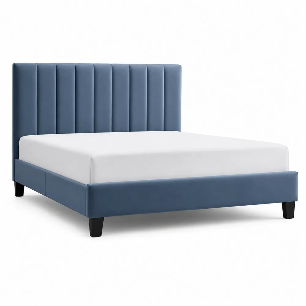 Samt-Doppelbett mit vertikalem Kopfteil, Blau, 200x180 cm-novarvencio