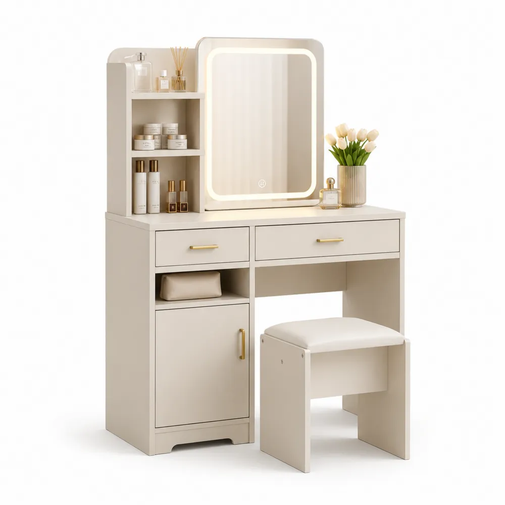 Schminktisch-Set mit LED-Spiegel und Hocker aus MDF in Creme