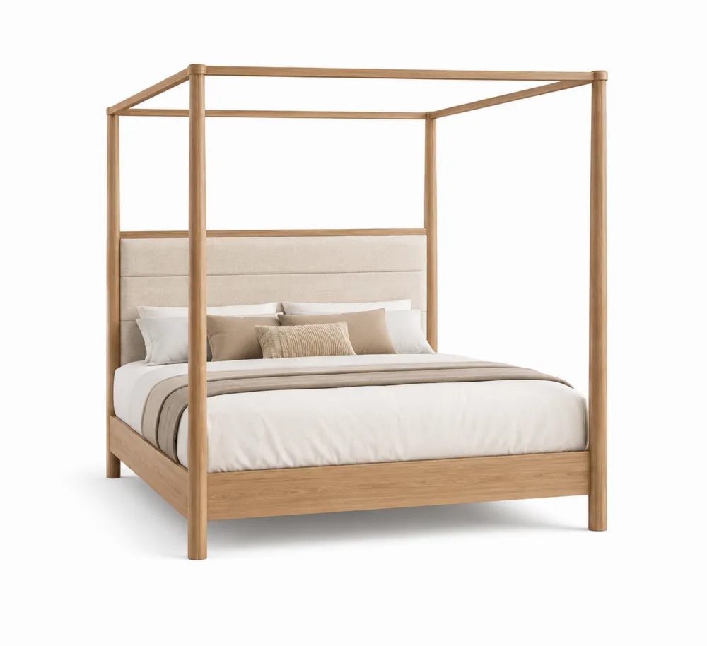 Himmelbett aus Eichenmassivholz mit Polyestergewebe Kopfteil in
