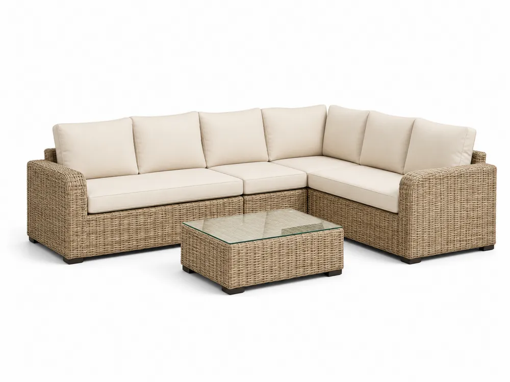 Ecksofa-Set aus Rattan mit Glasplatte,