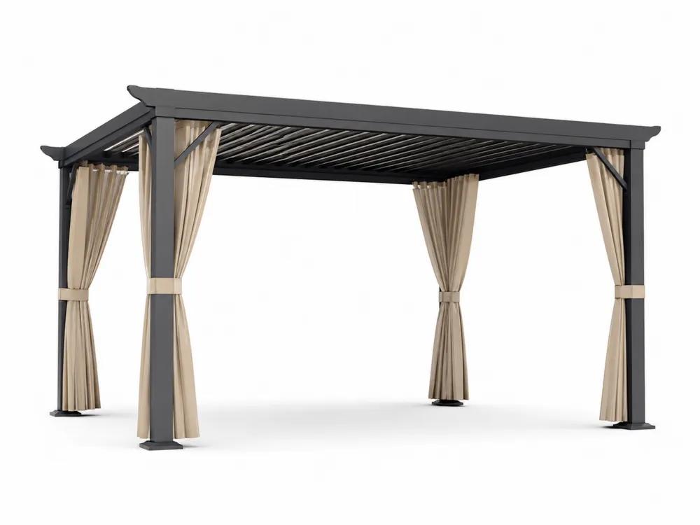 Aluminium Pergola mit verstellbarem Lamellendach und Polyester Vorhänge,