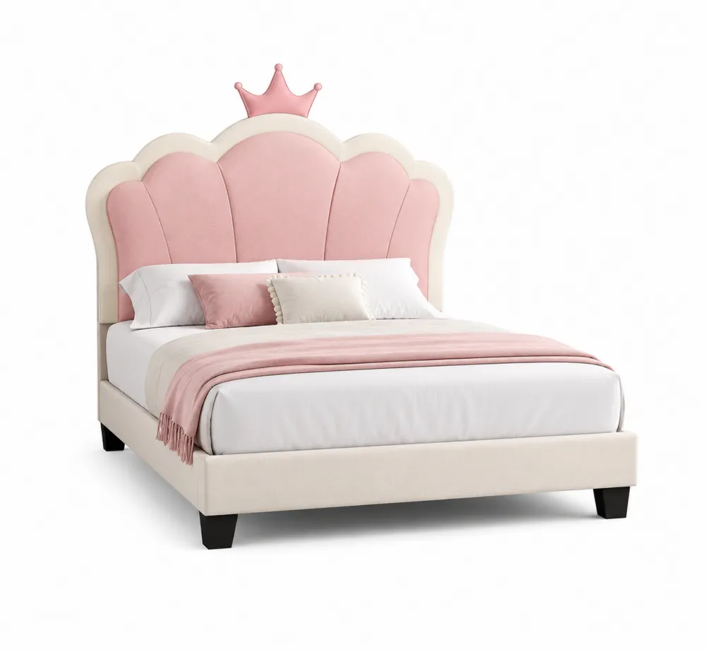 Samt Kinderbett mit Krone Kopfteil in Rosa und Creme 200x140