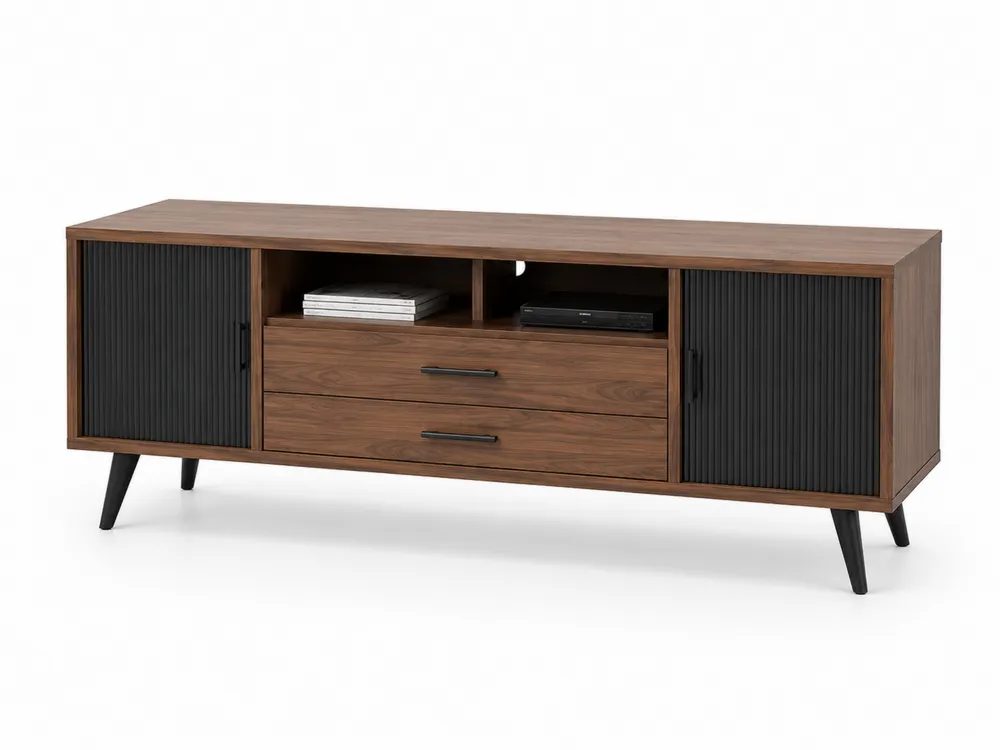 Holz TV-Lowboard mit zwei Schubladen und zwei Türen Walnuss/Schwarz 150x40x55