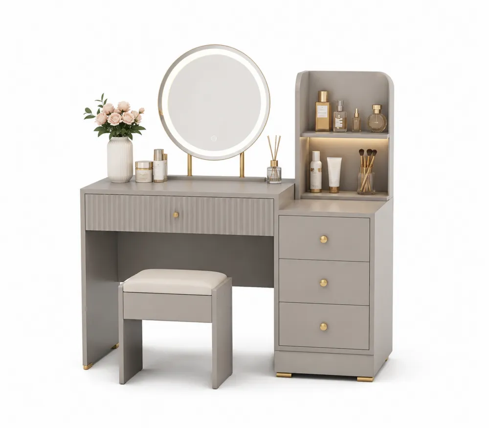 Schminktisch-Set mit Rundspiegel und Hocker aus MDF in