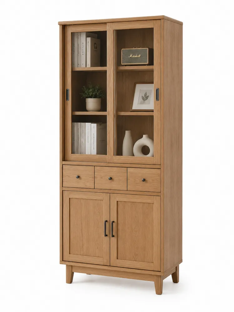 Bücherregal Holz mit Glastüren und Schubladen