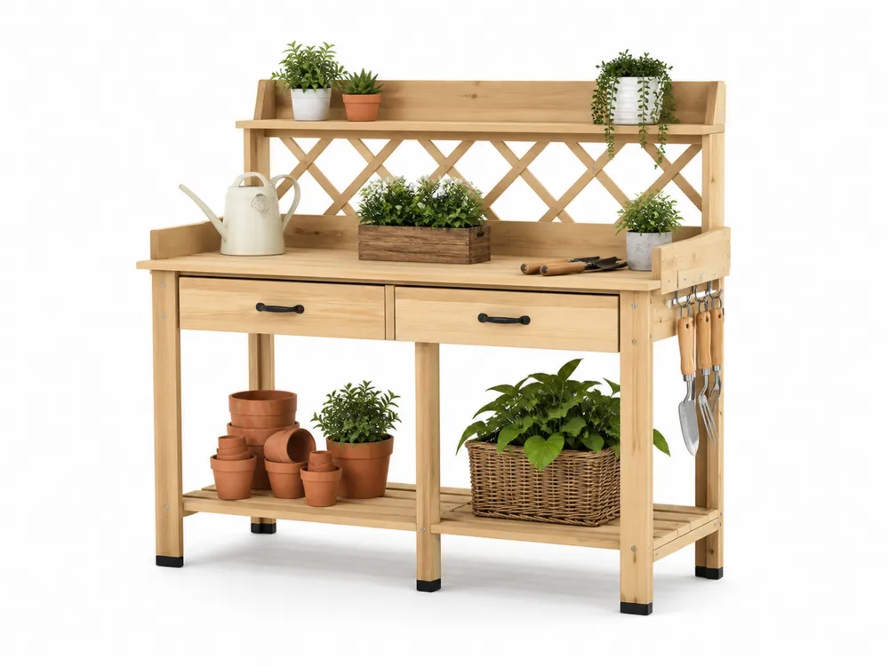 Gartentisch aus Kiefernholz mit Regalen und