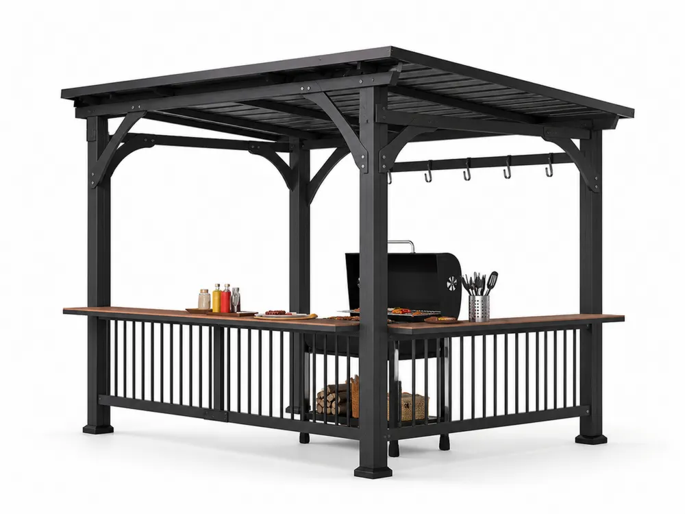 Aluminium Pergola mit Hartholz Arbeitsplatte Schwarz